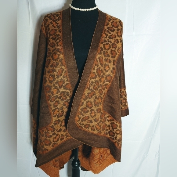 Nwt Ladies Axxents Brown w/ Leopard Blanket Open Front Sweater Poncho Wrap OS - Picture 1 of 3